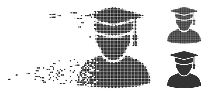 Gray vector knowledge man icon in dispersed, pixelated halftone and undamaged entire variants. Rectangle particles are used for disintegration effect.