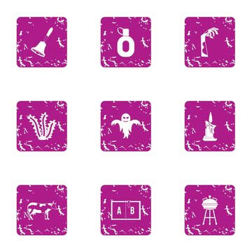 Ghost house icons set. Grunge set of 9 ghost house vector icons for web isolated on white background