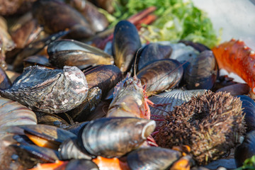 closeup mix seafood on a festive table. Selective focus