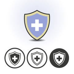 Fototapeta premium Shield with medical cross contour line flat colored vector icon. Different variations for website or app infographics