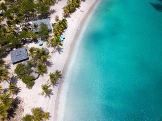 Aerial view of Mayreau beach in St-Vincent and the Grenadines - Tobago Cays. The paradise beach with palm trees and white sand beach - obrazy, fototapety, plakaty