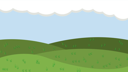 Valley landscape with grass, hills and clouds. Vector illustration.