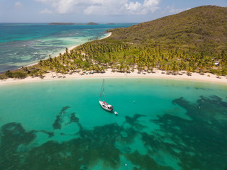 Fototapeta na wymiar Aerial view of Mayreau beach in St-Vincent and the Grenadines - Tobago Cays. The paradise beach with palm trees and white sand beach