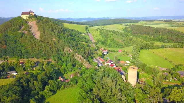 Aerial view of castles Zebrak and Tocnik. Gothic fortresses on hills. Famous tourist attractions in Czech republic, European union.