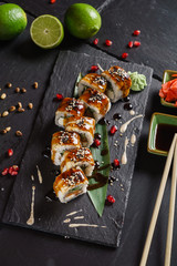 sushi on black background