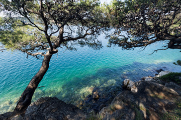 Beautiful landscape scene with turquoise color of saltwater lake on Mljet island