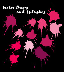 Red Vector Splashes, Hand Painted Watercolor Bang. Indian Holi Color Festival, Paint Burst, Water Splash. Red Holi Paint Burst, Vector Craft Logo Element. Uneven Texture Graffiti Shapes, Buttons.