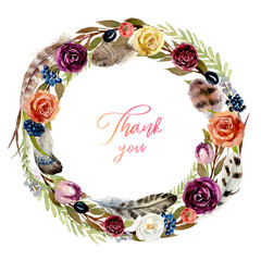 Watercolor floral flower illustration - wreath with colorful green leaves, feather & vivid flowers, for wedding stationary, greetings, wallpapers, fashion, backgrounds, textures, DIY, wrappers, cards.