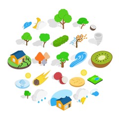 Obraz premium Riot of nature icons set. Isometric set of 25 riot of nature vector icons for web isolated on white background
