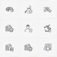 Insurance line icon set with real estate fire insurance, travel insurance and insurance contract