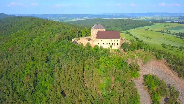 Aerial view of castles Tocnik and Zebrak. Gothic fortresses on hills. Famous tourist attractions in Czech republic, European union.