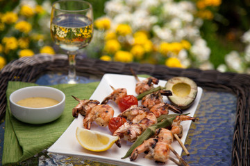 Grilled Shrimps Skewers for Dinner in Garden