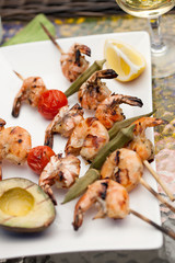 Grilled Shrimps Skewers for Dinner in Garden