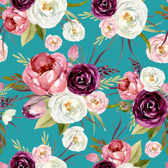 Seamless watercolor floral pattern with flowers and leaves composition on blue background, perfect for wrappers, wallpapers, postcards, greeting cards, wedding invitations, romantic events, etc.