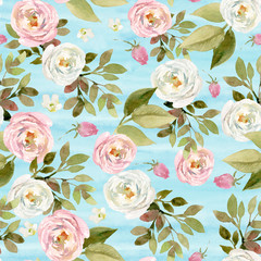 Seamless watercolor floral pattern with flowers and leaves composition on blue background, perfect for wrappers, wallpapers, postcards, greeting cards, wedding invitations, romantic events, etc.