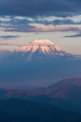Mountain Fuji and Lake Tanumi with beautiful sunrise in winter season. Lake Tanuki is a lake near Mount Fuji, Japan. 