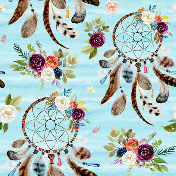 Seamless watercolor ethnic boho floral pattern - dreamcatchers and flowers on blue background, Native American tribe decor, tribal navajo isolated illustration bohemian ornament, Indian, Peru, Aztec.