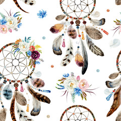 Motif floral boho ethnique à l& 39 aquarelle sans couture - attrape-rêves et fleurs sur fond blanc, décor de tribu amérindienne, ornement tribal navajo isolé illustration bohème, indien, Pérou, aztèque.