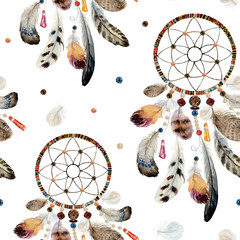 Motif boho ethnique aquarelle sans couture - capteurs de rêves et plumes sur fond blanc, élément d& 39 impression de décoration de tribu amérindienne, ornement bohème d& 39 illustration isolée, indien, Pérou, aztèque.