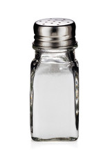 A glass shaker of table salt isolated on white background