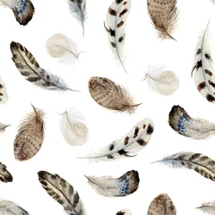 Gordijnen Aquarel boho naadloze patroon van veren op witte achtergrond. Native American decor, printelement, tribal bohemian navajo, Indiaas, Peru, Azteekse verpakking. © Veris Studio