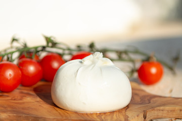 Fresh soft white burrata, buttery cheese, made from a mix of mozzarella and cream, original from Apulia region, Italy with tomatoes