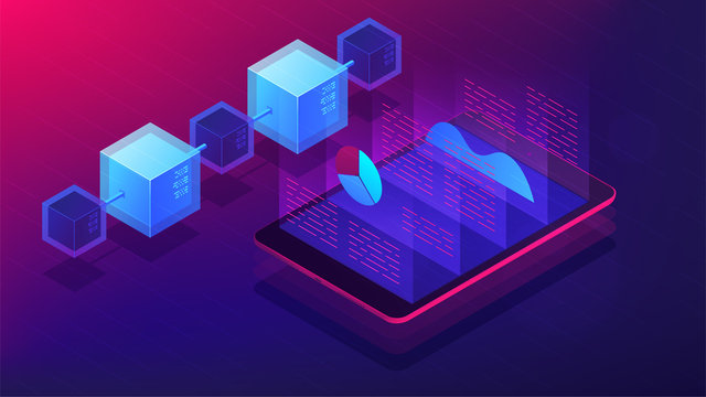 Isometric blockchain white paper and ICO analysis concept. ICO analysis framework, global cryptocurrency market illustration on ultra violet background. Vector 3d isometric illustration.