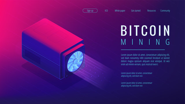 Isometric bitcoin mining landing page concept. Mining crypto currency, video card server farm, data processing unit equipment on ultra violet background. Vector 3d isometric illustration.