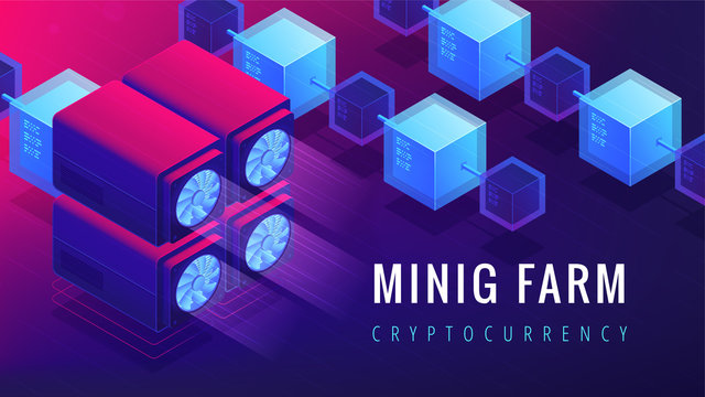 Isometric mining farm landing page concept. GPU mining farm, cryptocurrency mining concept. Blockchain server network on ultra violet background. Vector 3d isometric illustration.