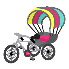 Trishaw transportation cartoon character perspective view isolated on white background vector illustration.