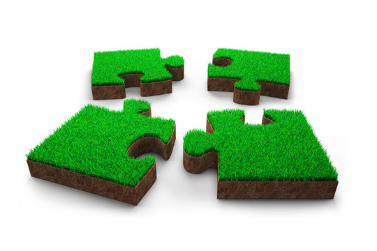 Four jigsaw puzzles with green grass red soil, 3D illustration