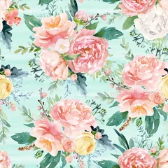 Behang Seamless watercolor floral pattern with flowers and leaves composition on blue background, perfect for wrappers, wallpapers, postcards, greeting cards, wedding invitations, romantic events, etc. © Veris Studio
