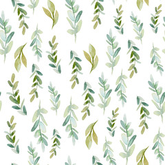 Fototapeta na wymiar Seamless watercolor floral pattern with green leaves and branches composition on white background, perfect for wrappers, wallpapers, postcards, greeting cards, wedding invitations, romantic events.