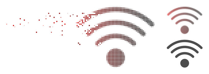 Vector Wi-Fi source icon in sparkle, pixelated halftone with red to black horizontal gradient and undamaged whole variants. Disintegration effect uses rectangular particles.