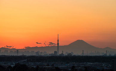 Fototapeta na wymiar Beautiful Tokyo sunset cityscape , Tokyo Skytree landmark and Mountian Fuji in winter sunset