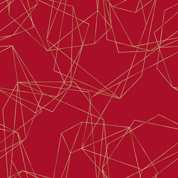 Fototapeta Seamless geometric pattern on red background. Abstract gold polygonal geometric shapes / crystals, golden glitter triangles, geometric, diamond shapes.