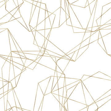 Seamless geometric pattern on white background. Abstract gold polygonal geometric shapes / crystals, golden glitter triangles, geometric, diamond shapes.