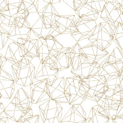 Seamless geometric pattern on white background. Abstract gold polygonal geometric shapes / crystals, golden glitter triangles, geometric, diamond shapes.