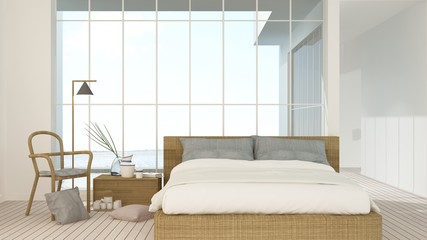 The interior minimal japanese hotel relax space swimming pool 3d rendering and nature view background	
