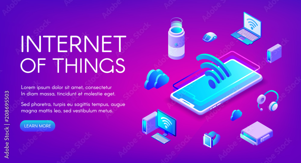 Poster internet of things vector illustration of smart devices communication in wi-fi wireless network tech
