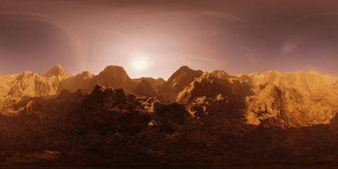 Fototapeta na wymiar HDRI map, spherical environment panorama background with mountain range at sunrise, light source rendering (3d equirectangular rendering)
