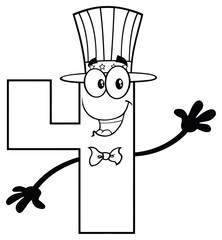 Black And White Patriotic Number Four Cartoon Mascot Character Wearing A USA Hat Waving. Vector Illustration Isolated On White Background