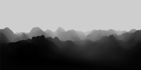 HDRI map, spherical environment panorama background with foggy mountain range, light source rendering (3d equirectangular rendering) - obrazy, fototapety, plakaty