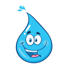 Happy Blue Water Drop Cartoon Mascot Character. Vector Illustration Isolated On White Background
