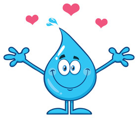 Cute Blue Water Drop Cartoon Mascot Character With Open Arms For Hugging And Hearts. Vector Illustration Isolated On White Background