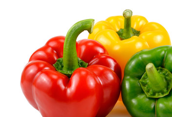 three colorful sweet pepper, red, yellow, green, paprika, clipping path, isolated on white