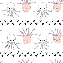 Vector seamless pattern with octopuses. Baby print. Scandinavian motives.