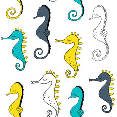 Vector seamless pattern with seahorses. Baby print. Scandinavian motives.
