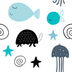 Vector seamless pattern with jellyfish, turtle and fish. Baby print. Scandinavian motives.