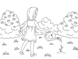 Garden graphic black white landscape sketch girl watering sprout illustration vector